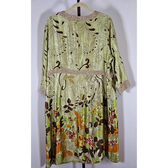 Yves Cossette Depeche Mode Silk Floral Green Brown Dress SZ 18W - Picture 3 of 8
